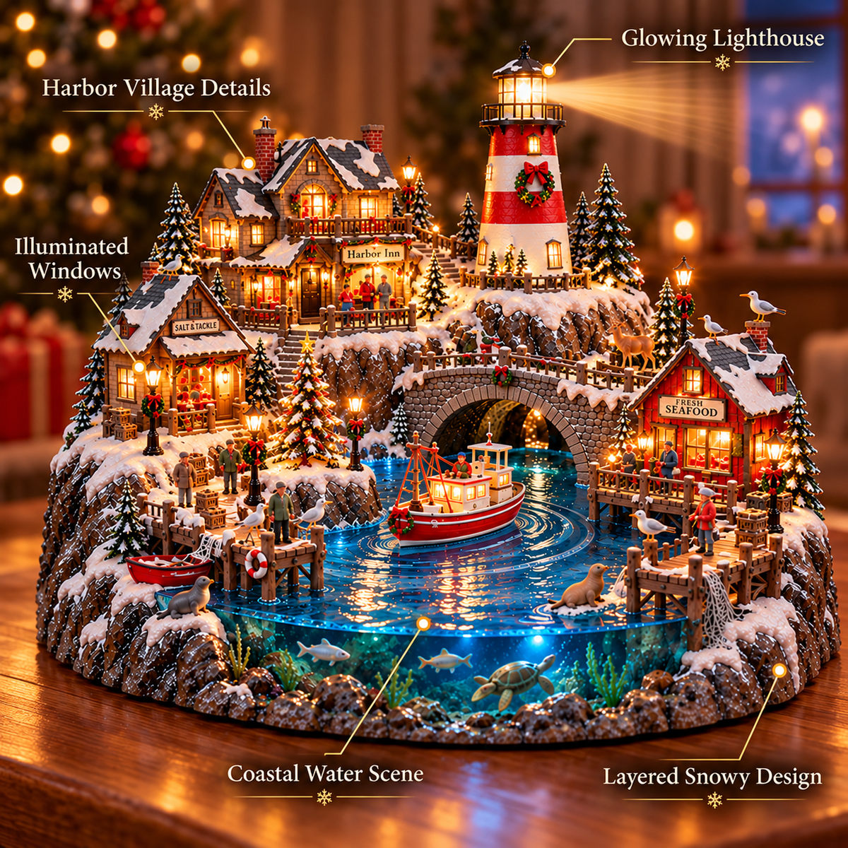 🌊 50%+ OFF Harborlight Christmas™ – Lighted Coastal Village with Lighthouse & Underwater Scene 🎄