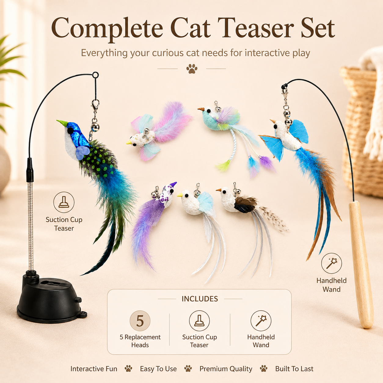 🐱 Interactive Cat Wand with Suction Cup & Natural Feathers 🪶