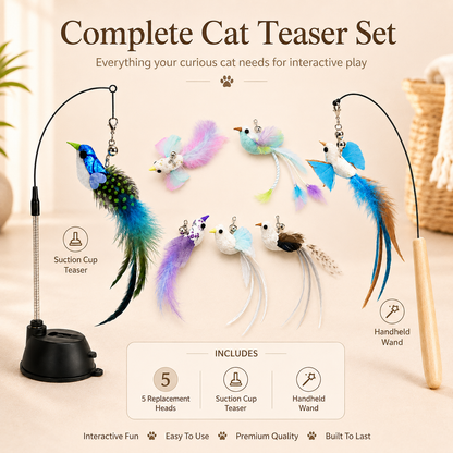 🐱 Interactive Cat Wand with Suction Cup & Natural Feathers 🪶