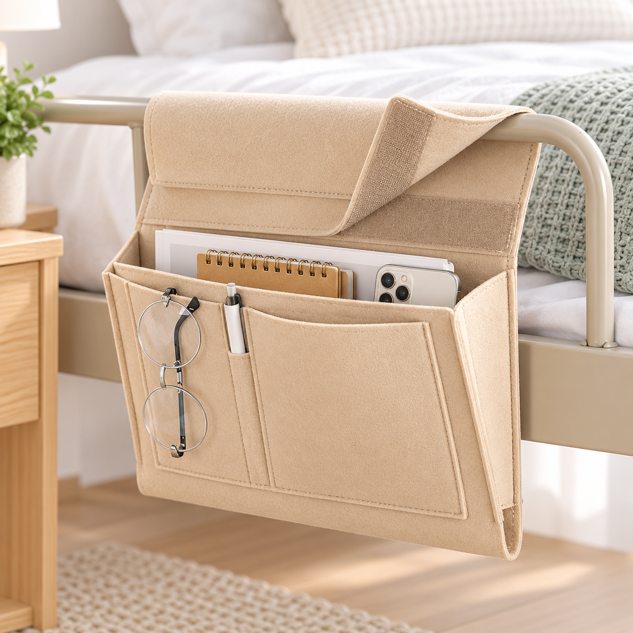 🛏️ Hanging Felt Bedside Caddy Organizer – 5-Pocket Mattress & Sofa Storage ✨