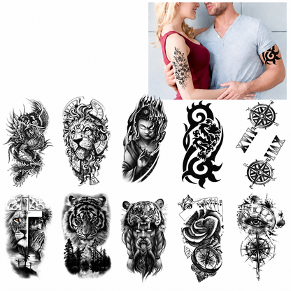 🔥 76 Pcs Tribal Temporary Tattoo Set - Wolf, Lion & Skull | Instant Forearm Sleeve | Zero Pain 🐺✨