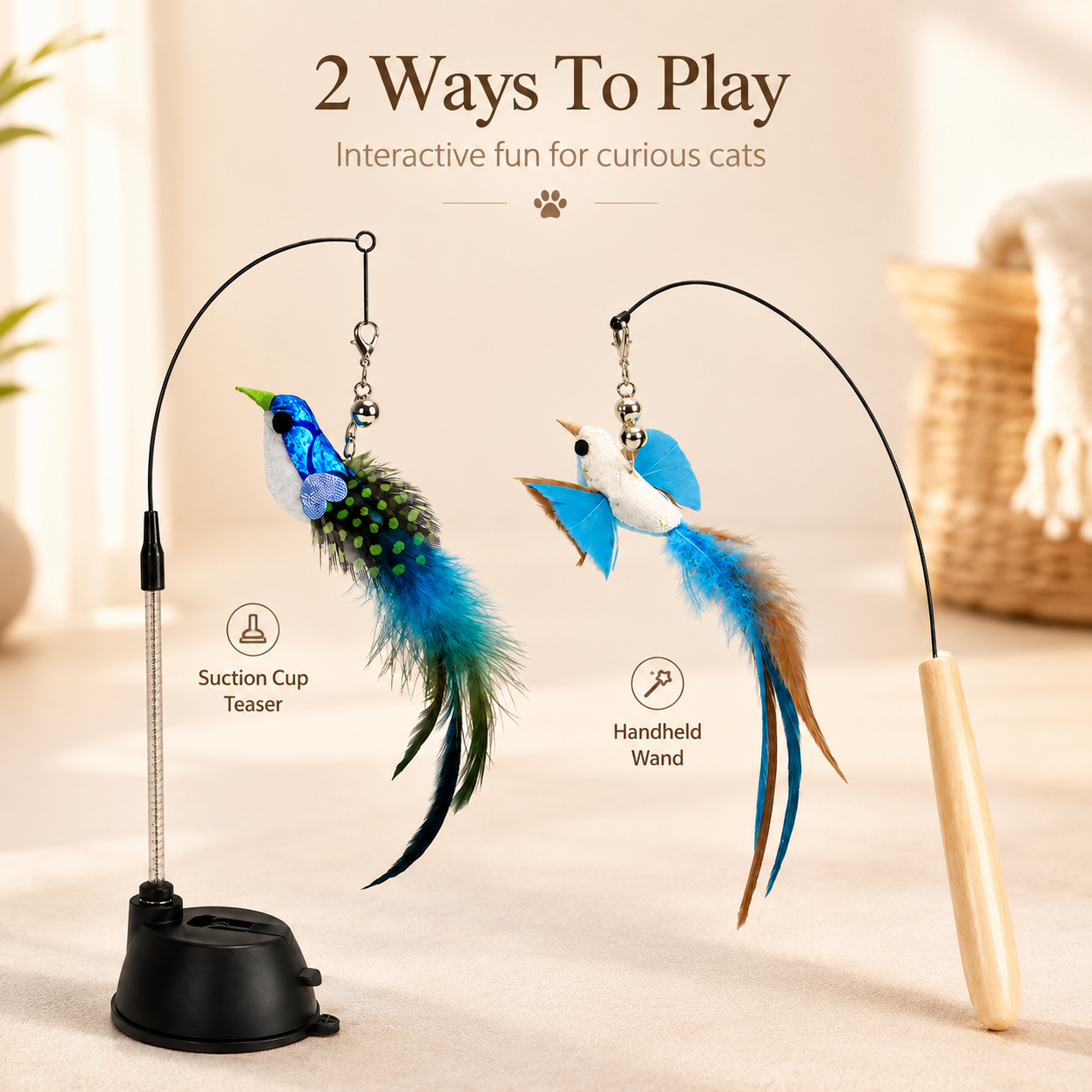🐱 Interactive Cat Wand with Suction Cup & Natural Feathers 🪶