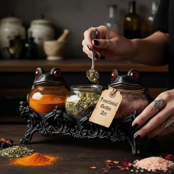 🧙 Witch Hat Gothic Spice Jar Set with Ornate Resin Rack and Glass Jars 🔮