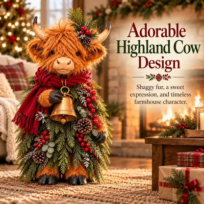 🎄 Christmas Highland Cow Figurine 🔔 Vintage Bell, Burgundy Scarf & Evergreen Accents