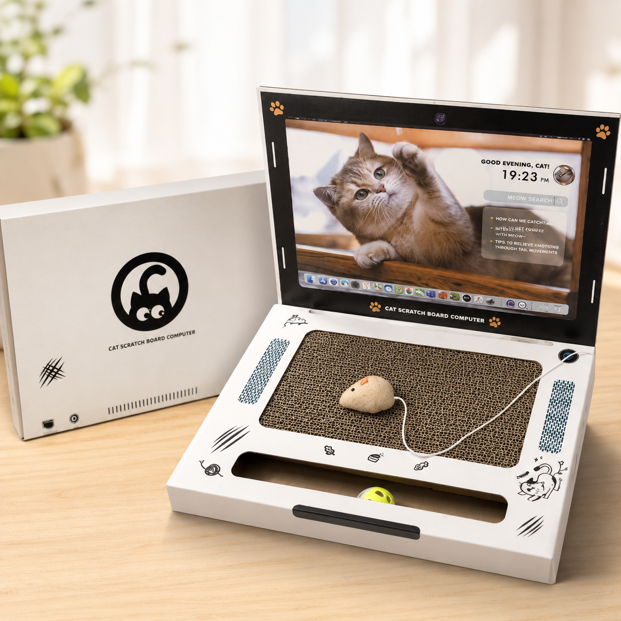 💻 Laptop Cat Scratcher Cardboard Toy with Mouse Ball and DIY Stickers 🐾