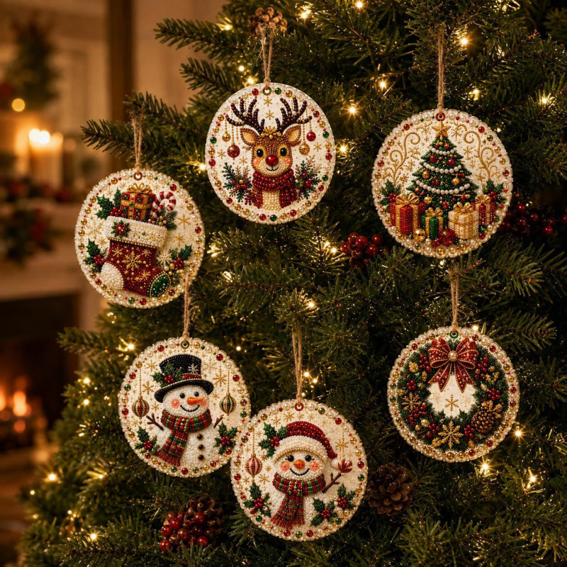 🎄 6-Piece Christmas Diamond Art Wooden Ornament Kit – DIY Pearl & Rhinestone Crafts ✨