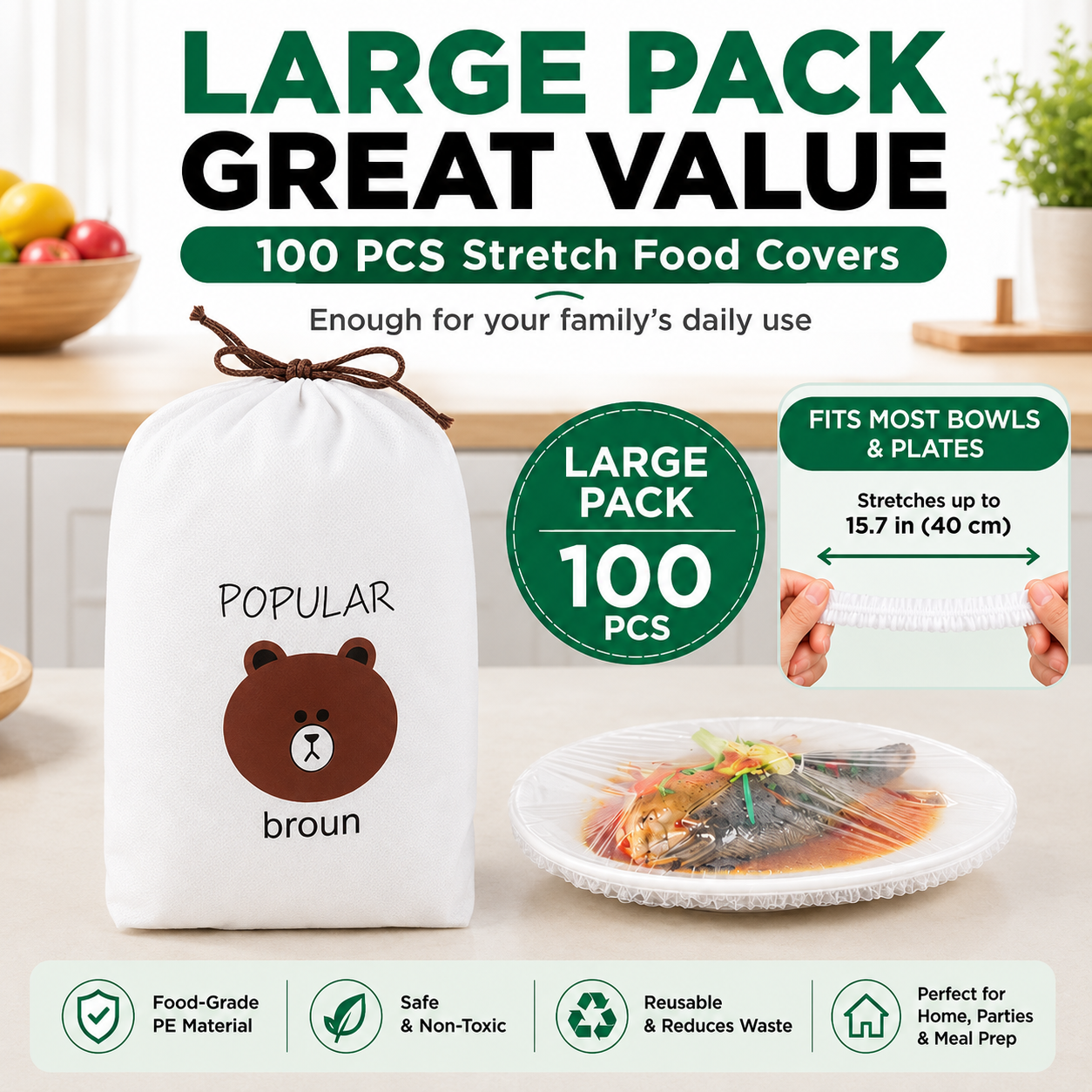 🥗 100Pcs Reusable Elastic Food Storage Covers Set 🍉