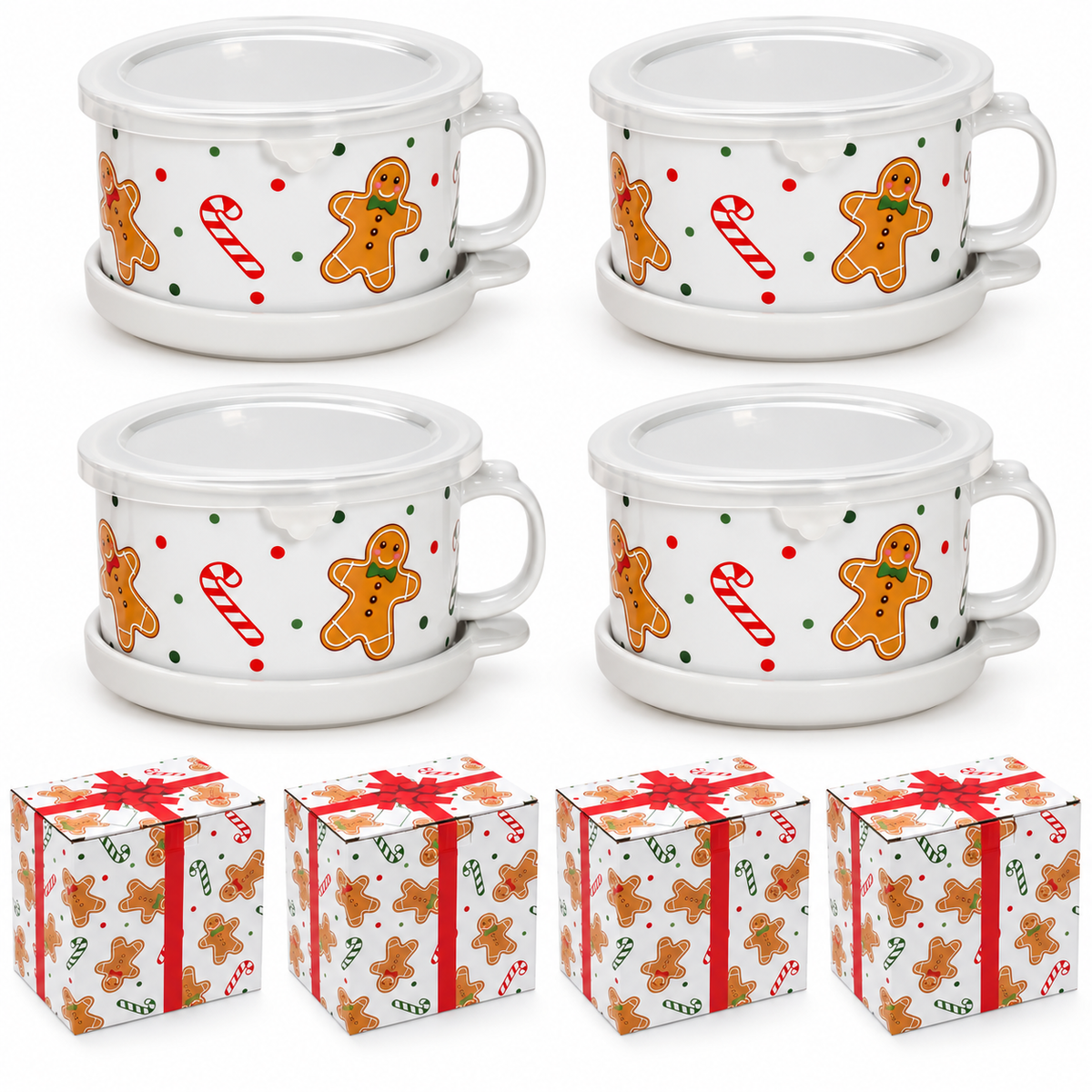 🥣 4-Piece 25-oz Ceramic Soup Mug Meal Sets with Lid-its & Storage Covers 🎁