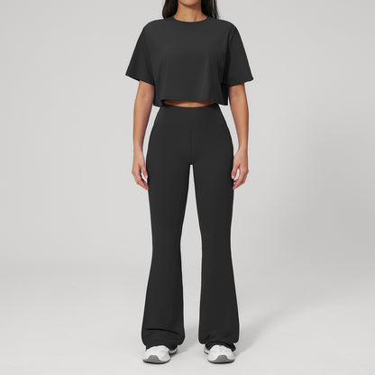 🌸 Women's 2-Piece Activewear Set: Cropped Tee & High-Waisted Flared Pants 🧘‍♀️