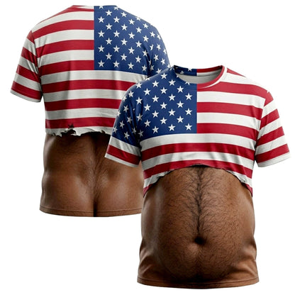 🇺🇸 Men's Novelty Patriotic American Flag Body Hair 3D Printed T-Shirt 👕