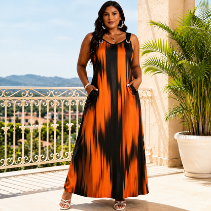 💃 Women's Sleeveless Printed Ring-Strap Loose Maxi Dress with Pockets 🌴