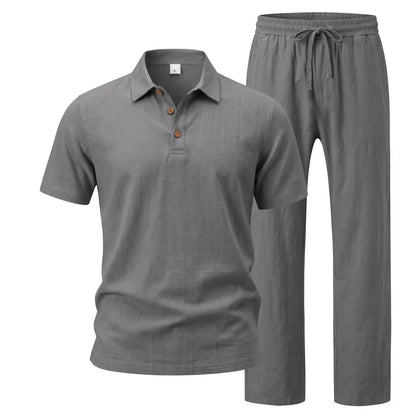 🌿 Men's 2-Piece Linen Outfit Set • Breathable Short-Sleeve Polo Shirt & Relaxed Pants 🏖️