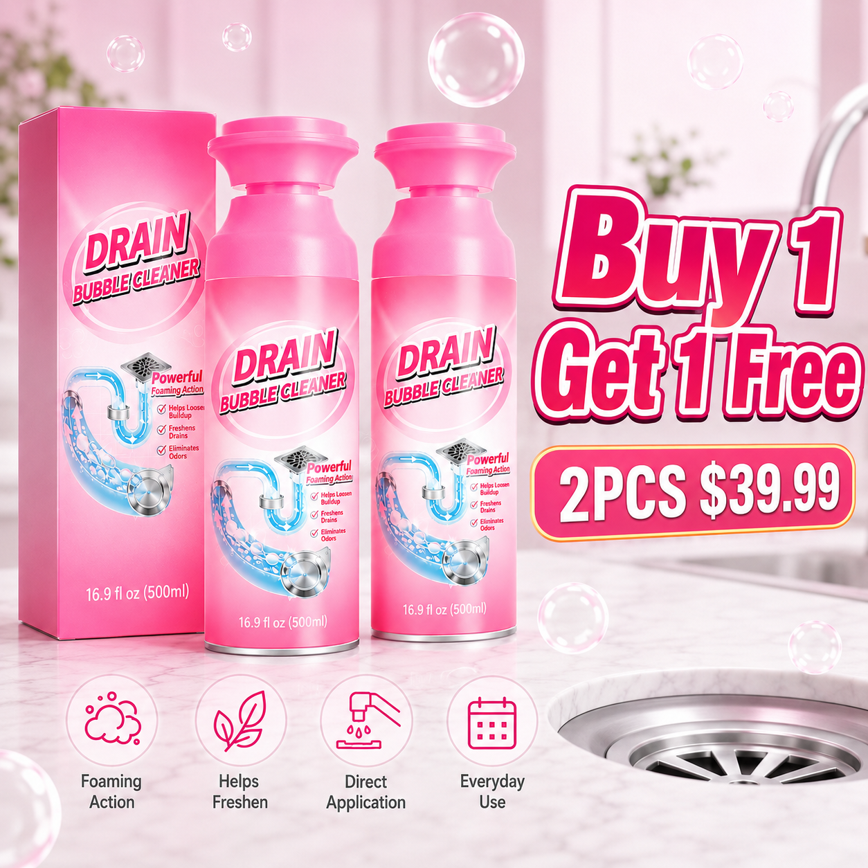 ⚡️ [BUY 1 GET 1 FREE] 🫧 Foaming Pipe Cleaner & Drain Deodorizer – 360° Expanding Sink Foam ✨