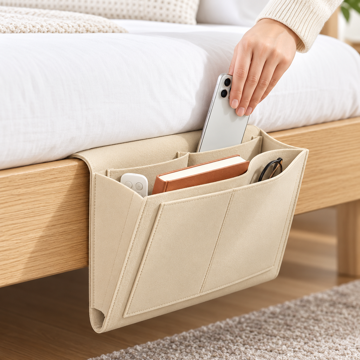 🛏️ Hanging Felt Bedside Caddy Organizer – 5-Pocket Mattress & Sofa Storage ✨