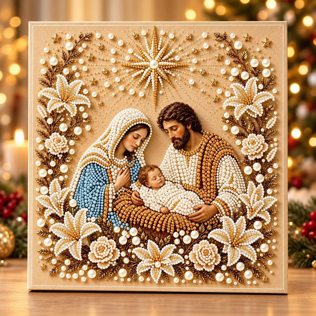 ✝️ 3D Pearl Rhinestone Holy Family Diamond Painting DIY Kit | Nativity Wall Art 🌟