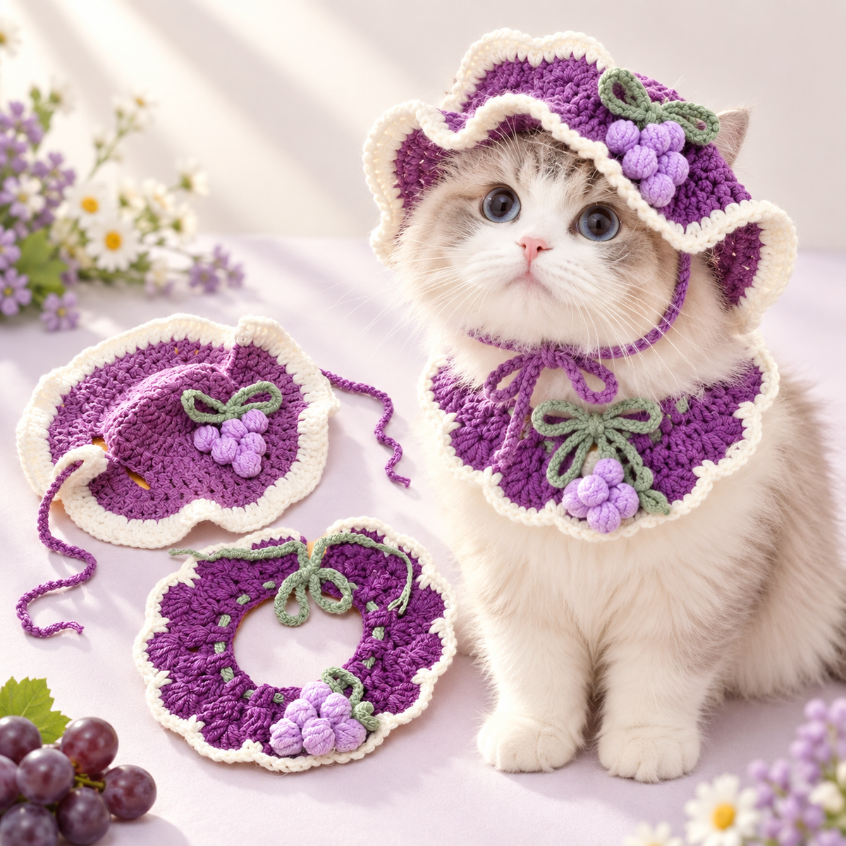 🐾 Handcrafted Crochet Pet Hat & Collar Set – Viral Cute Photo Costume Set ✨
