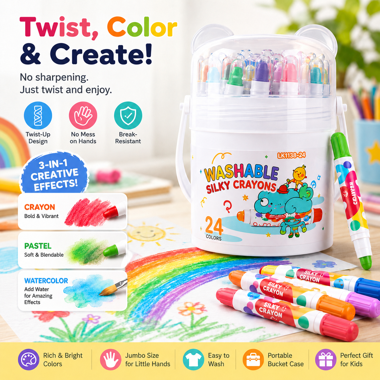 🎨 Washable Twist-Up Silky Crayons for Kids – Mess-Free 3-in-1 Coloring Set