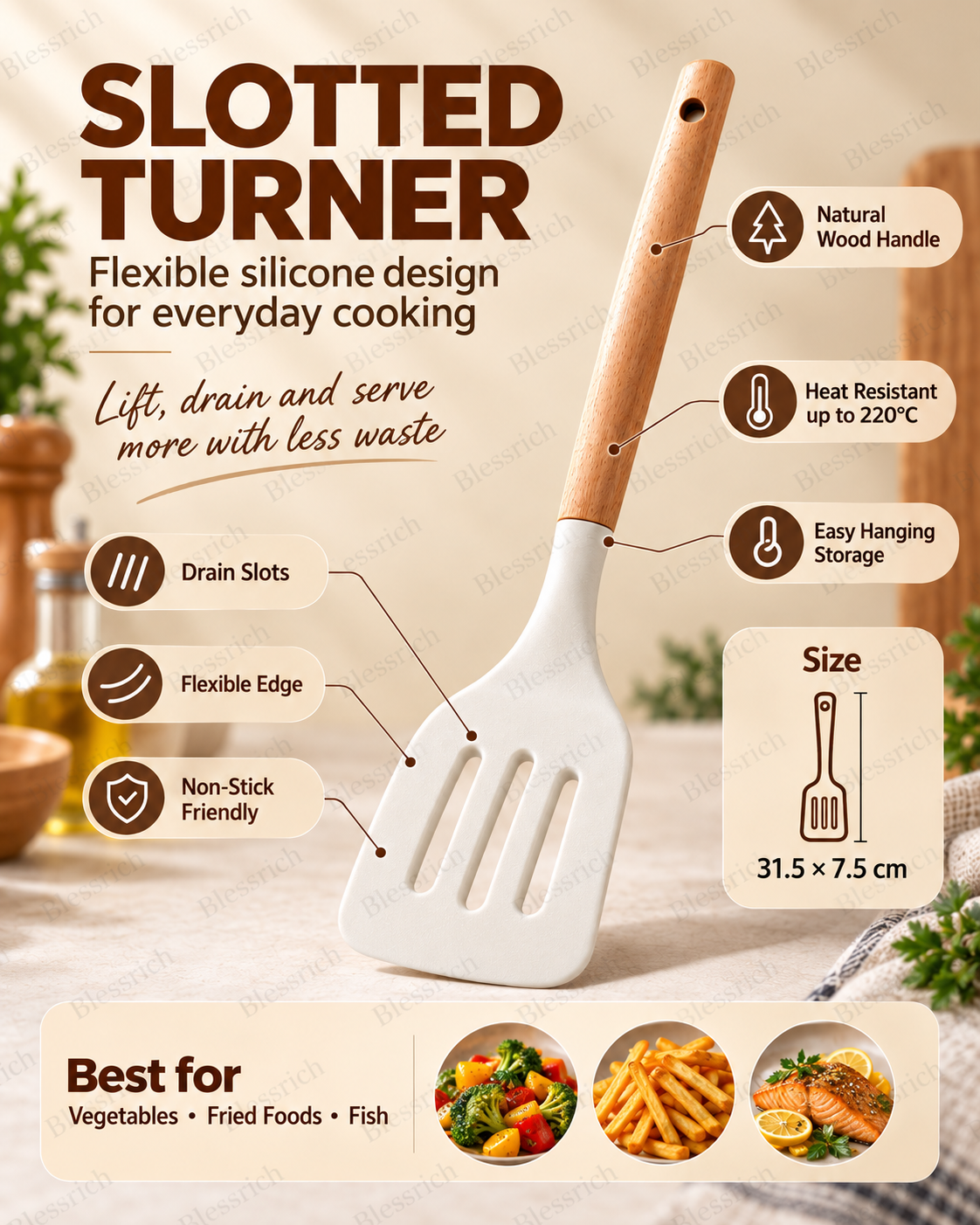 🍳 Flexible Silicone Kitchen Utensils – 3-Piece Wood Handle Cooking Set