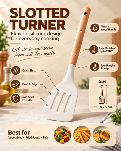 🍳 Flexible Silicone Kitchen Utensils – 3-Piece Wood Handle Cooking Set