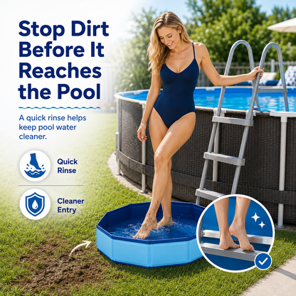 Pool Foot Bath—A non-inflatable, foldable, and stowable foot bath designed for use with pool entry ladders