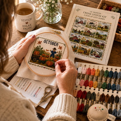 🔥 Limited-Time Offer! 49% OFF - A Year in Stitches – 12-Month Seasonal Cross Stitch Kit 🌿