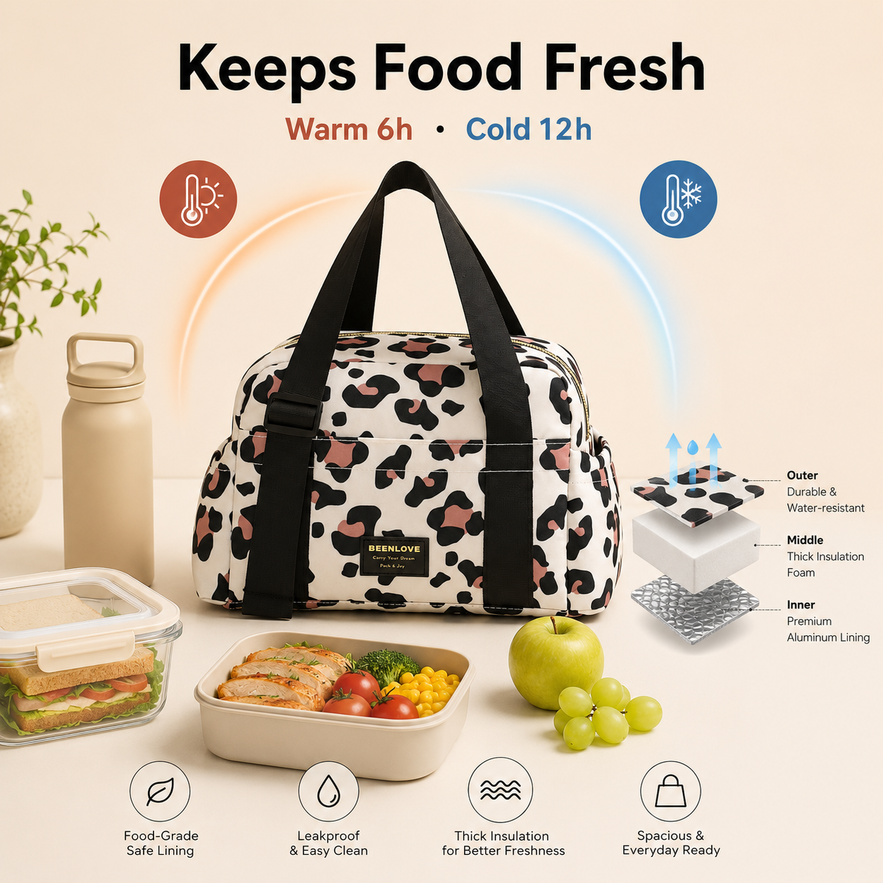 ✨ Leopard Insulated Lunch Tote Bag – Stylish, Spacious & Keeps Food Fresh On the Go