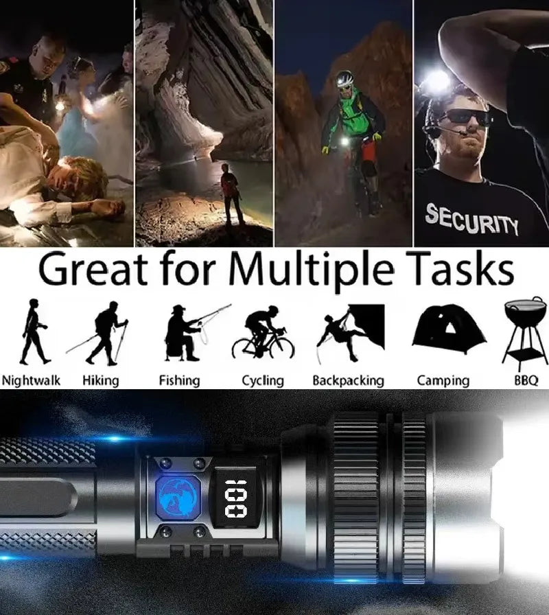 🔦 Rechargeable LED Flashlight – Zoom Beam & Power Bank Function 🔋