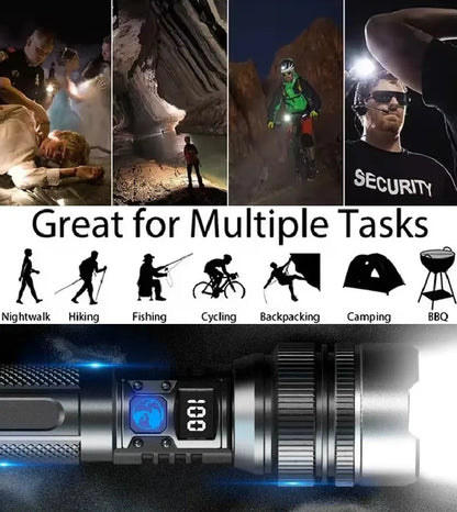 🔦 Rechargeable LED Flashlight – Zoom Beam & Power Bank Function 🔋