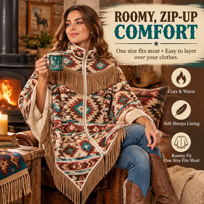 🔥 Heated Western Fringe Poncho – 3 Heat Levels, USB Powered Cowgirl Wrap