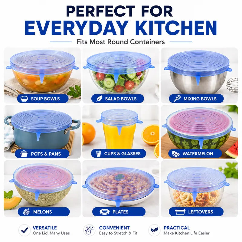 🥗 6-Pack Silicone Stretch Lids – Reusable, BPA-Free & Leak-Proof Covers for Bowls, Pots, Cups & Fruits