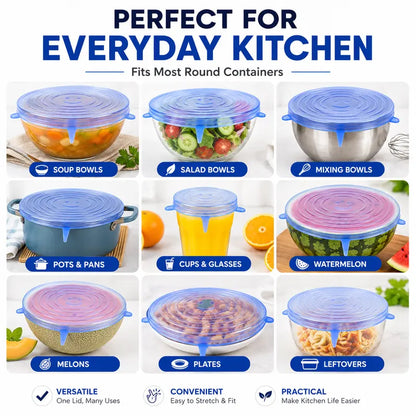 🥗 6-Pack Silicone Stretch Lids – Reusable, BPA-Free & Leak-Proof Covers for Bowls, Pots, Cups & Fruits