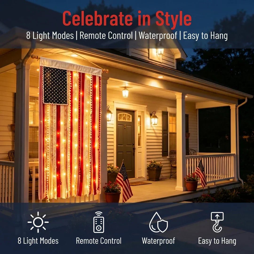 🔥 55% OFF Today Only 🇺🇸 Lighted Rag American Flag Banner ✨ Patriotic Porch Decor 🎆