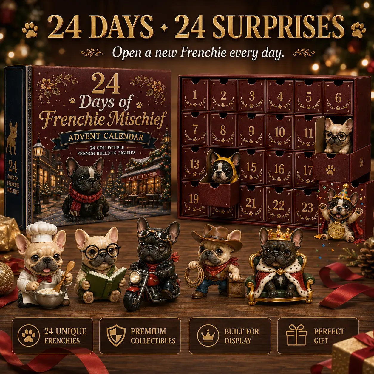 ⏳ Last Day 49% OFF – 🐶 24 Days of Frenchie Mischief Advent Calendar – Collectible French Bulldog Figurines 🎁