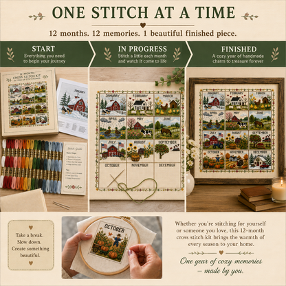 🔥 Limited-Time Offer! 49% OFF - A Year in Stitches – 12-Month Seasonal Cross Stitch Kit 🌿