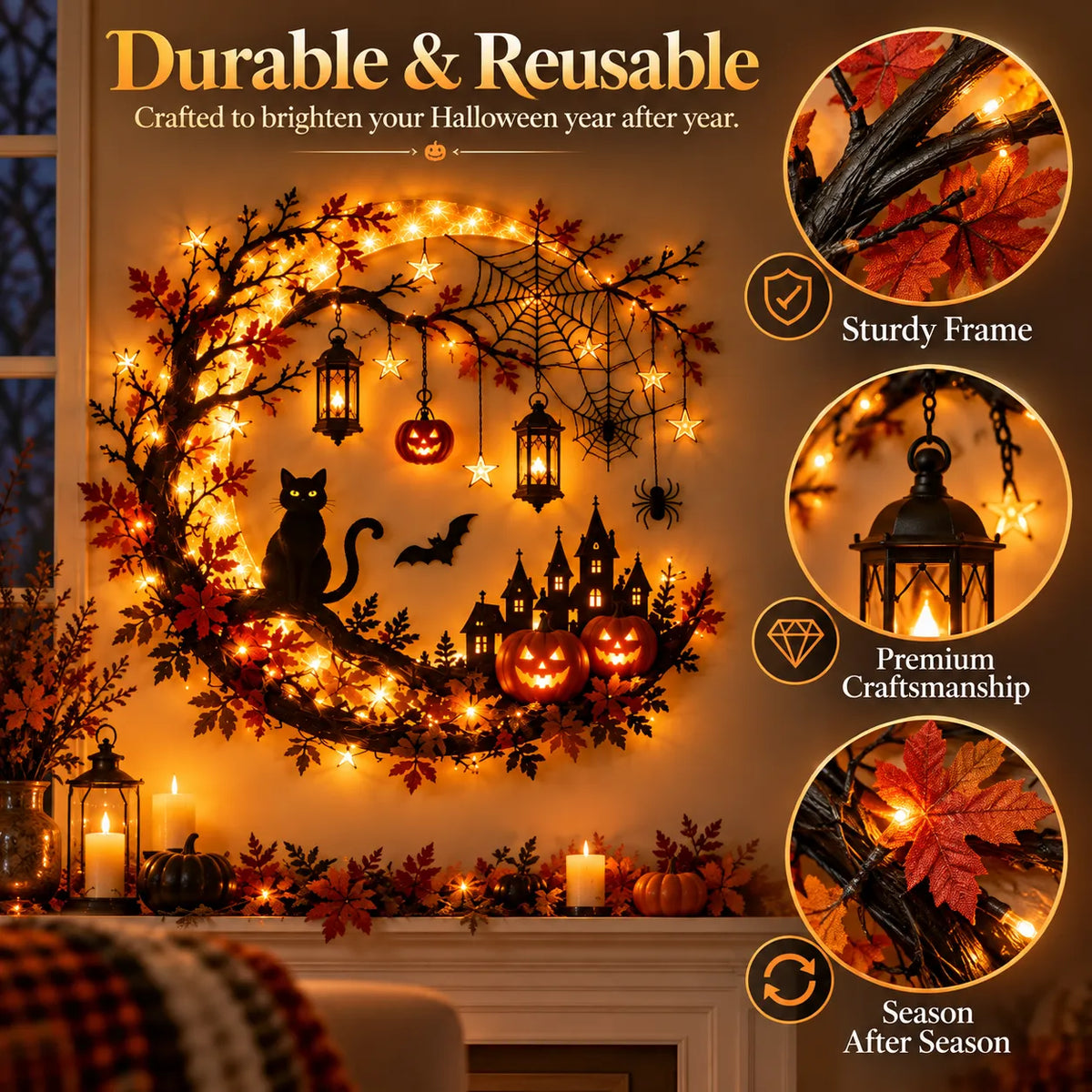 🚚 FREE SHIPPING 🎃 Enchanting Halloween Crescent Moon Wall Light with Black Cat & LED Lanterns 🐈