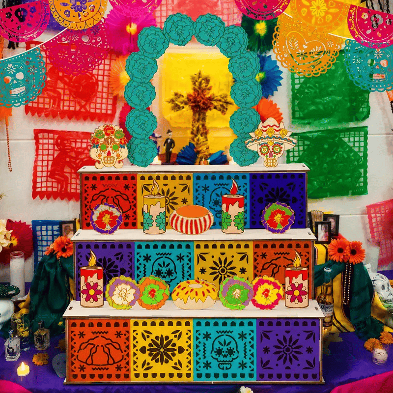 🔥Last Day 49% OFF - 🌼 Día de los Muertos 3-Tier Wooden Remembrance Altar Display Set 💀