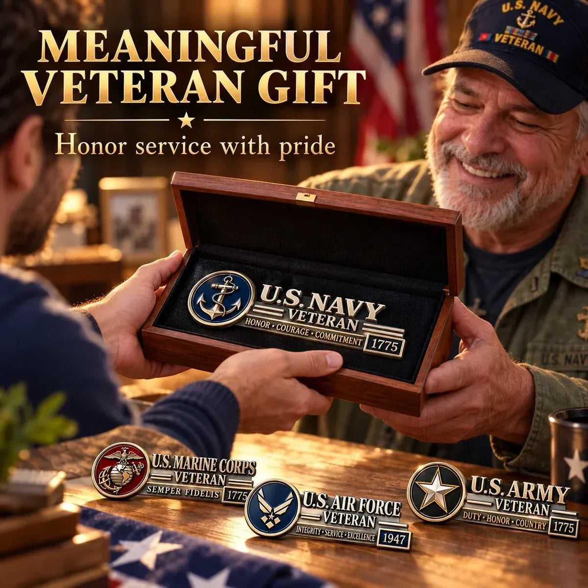 🎖️ Veteran Pride 3D Metal Car Emblem – Military Service Tribute Badge 🚗