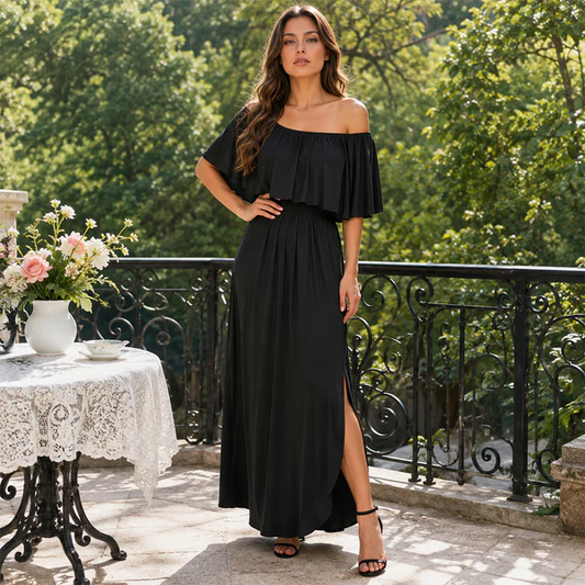 Plus Size Off Shoulder Split Maxi Dress with Ruffle and Pockets
