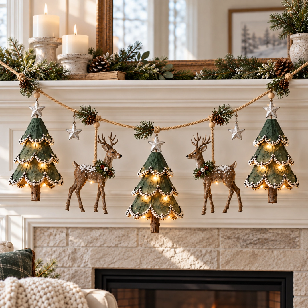 🎄 Lighted Woodland Deer Christmas Garland – Rustic Trees, Warm Lights & Farmhouse Holiday Decor