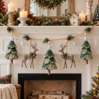 🎄 Lighted Woodland Deer Christmas Garland – Rustic Trees, Warm Lights & Farmhouse Holiday Decor