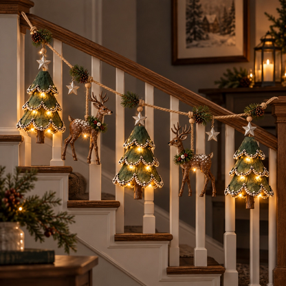 🎄 Lighted Woodland Deer Christmas Garland – Rustic Trees, Warm Lights & Farmhouse Holiday Decor