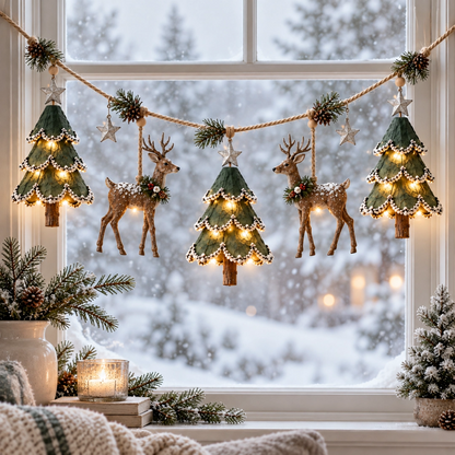 🎄 Lighted Woodland Deer Christmas Garland – Rustic Trees, Warm Lights & Farmhouse Holiday Decor