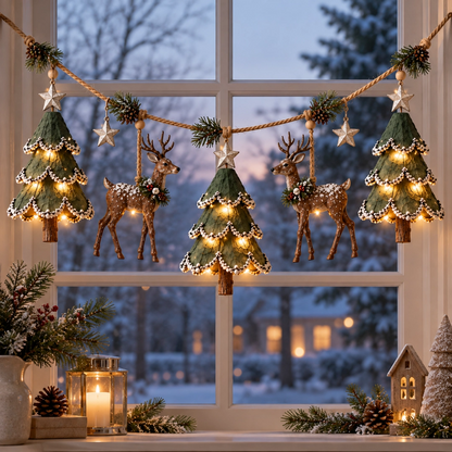 🎄 Lighted Woodland Deer Christmas Garland – Rustic Trees, Warm Lights & Farmhouse Holiday Decor
