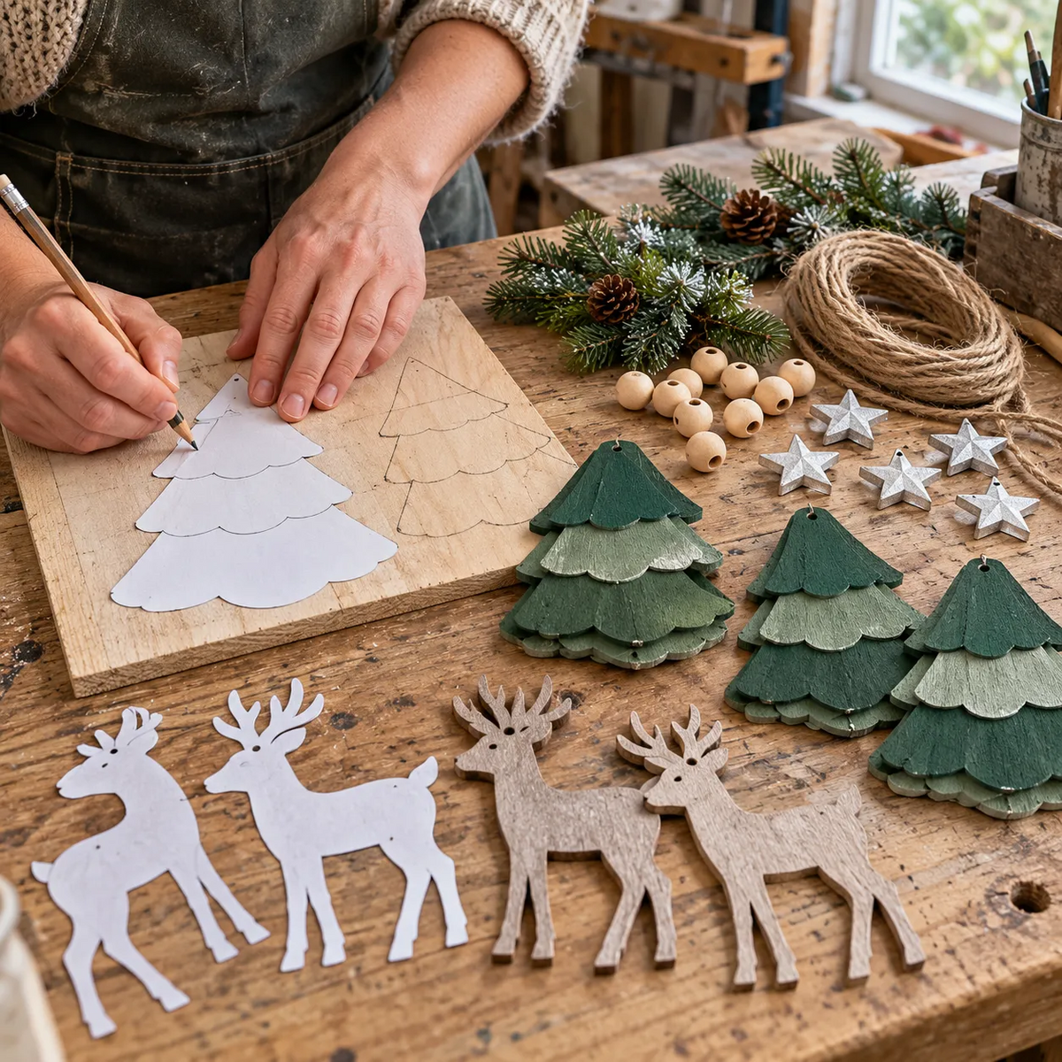 🎄 Lighted Woodland Deer Christmas Garland – Rustic Trees, Warm Lights & Farmhouse Holiday Decor