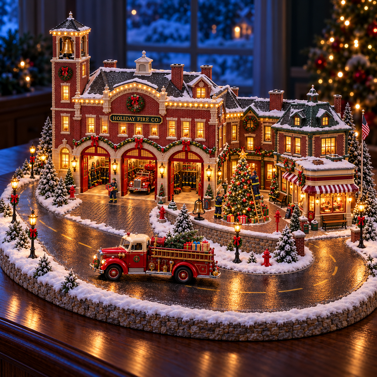 🚒🎄Christmas Fire Rescue Village✨  – Lighted Holiday Scene Featuring Festive Firefighters 🚒✨