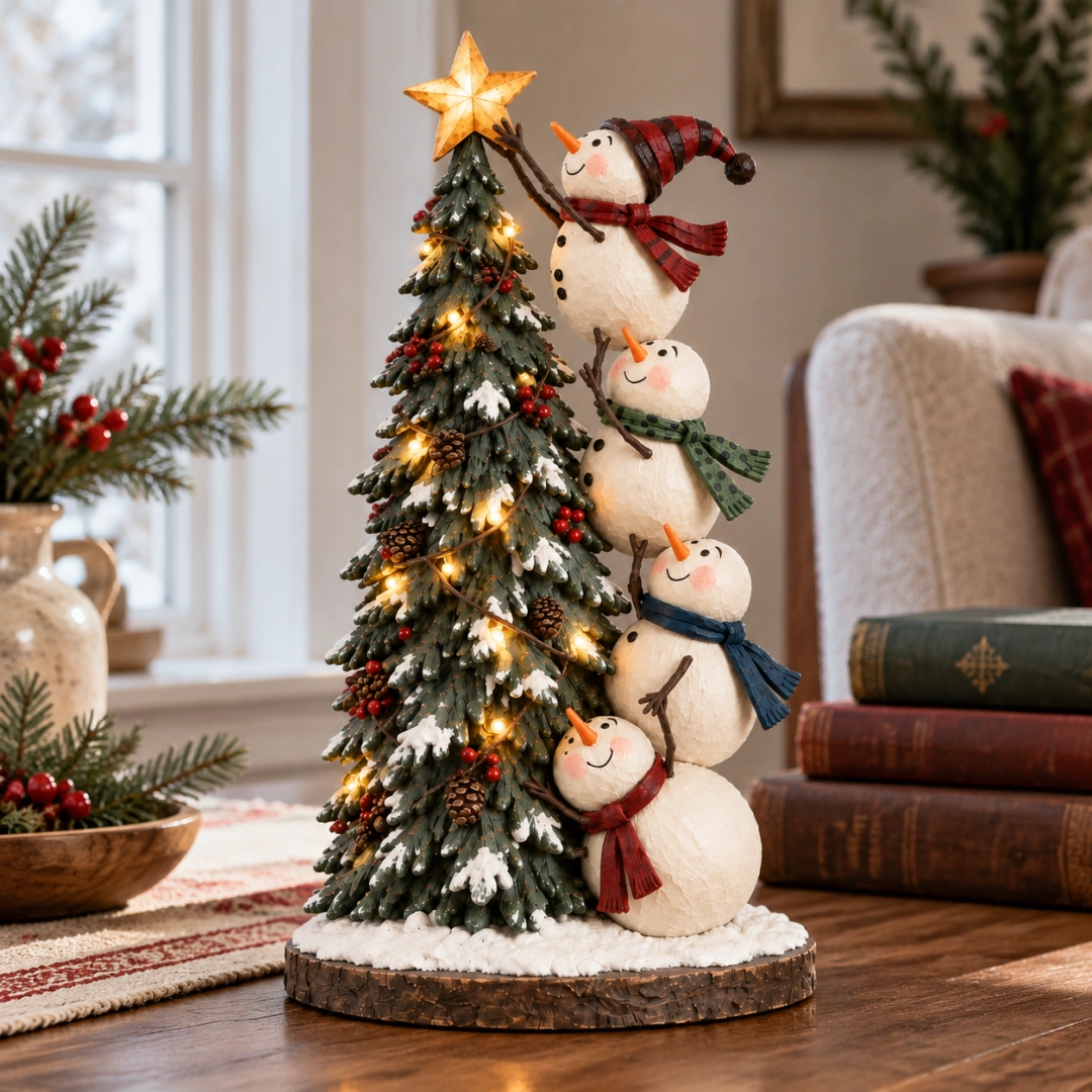 ⛄ Lighted Snowmen Christmas Tree Figurine – 4 Snowmen, Glowing Star & Remote Control