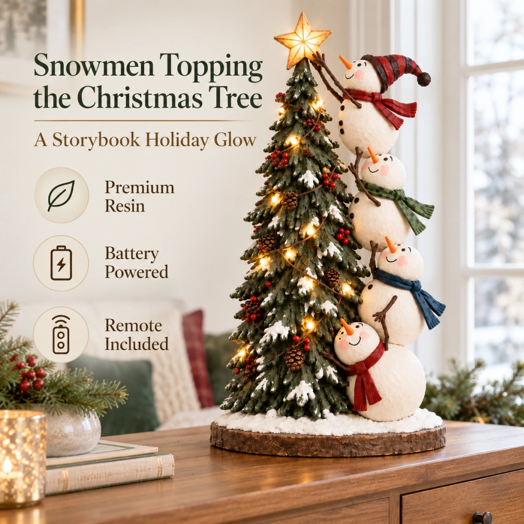 ⛄ Lighted Snowmen Christmas Tree Figurine – 4 Snowmen, Glowing Star & Remote Control
