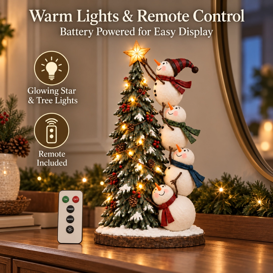 ⛄ Lighted Snowmen Christmas Tree Figurine – 4 Snowmen, Glowing Star & Remote Control