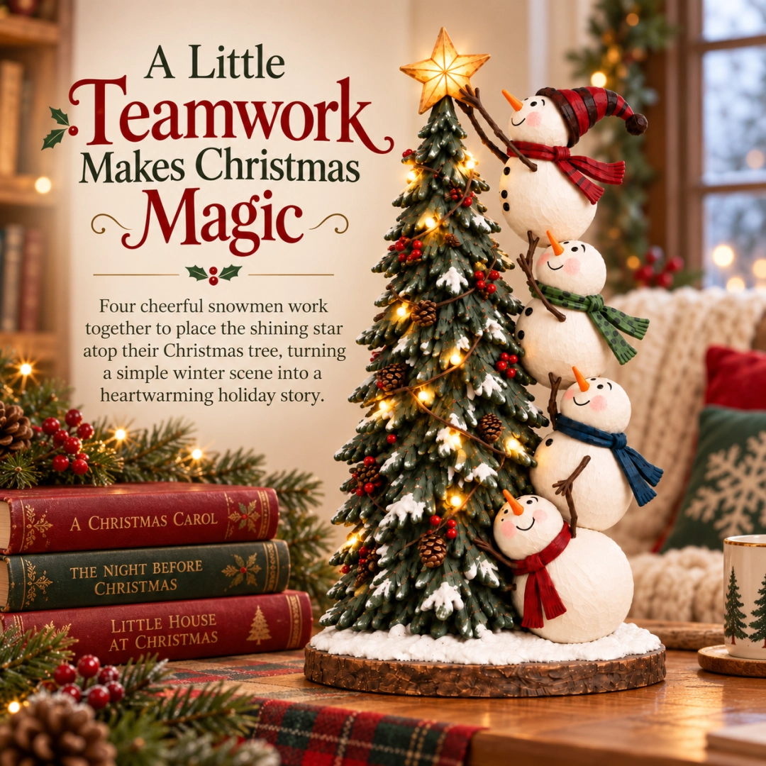 ⛄ Lighted Snowmen Christmas Tree Figurine – 4 Snowmen, Glowing Star & Remote Control