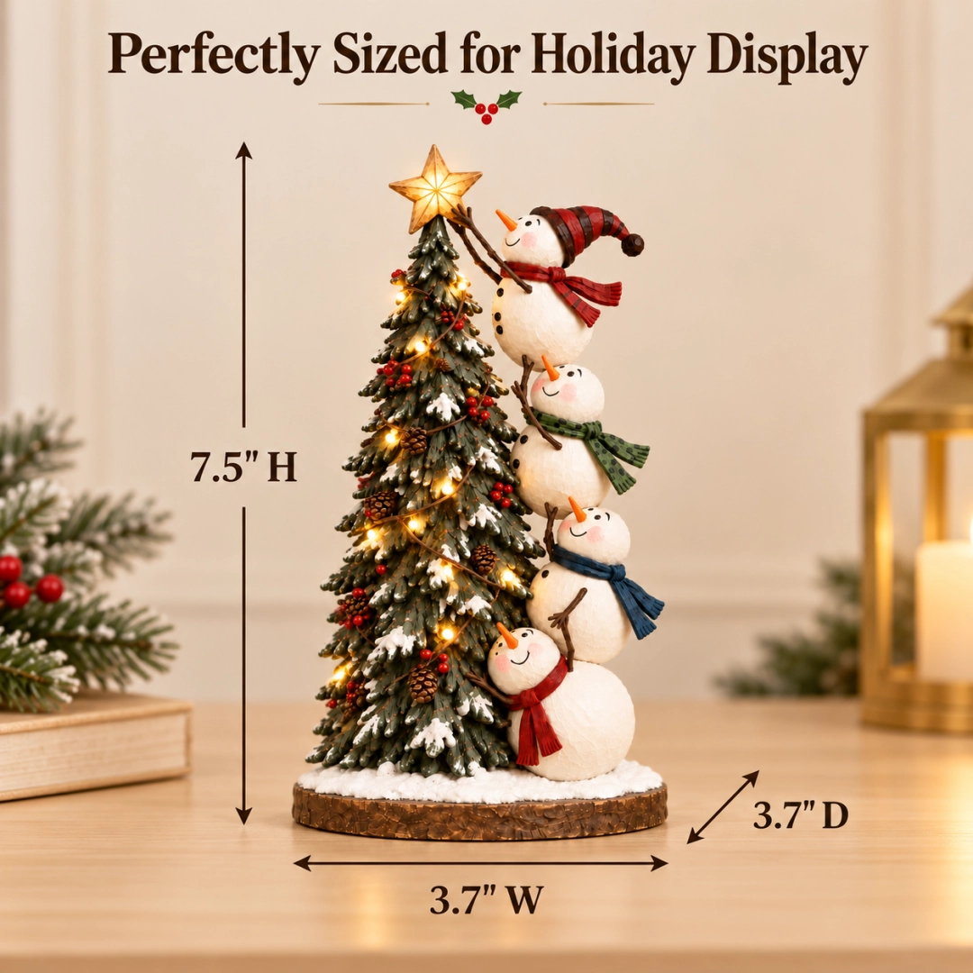 ⛄ Lighted Snowmen Christmas Tree Figurine – 4 Snowmen, Glowing Star & Remote Control